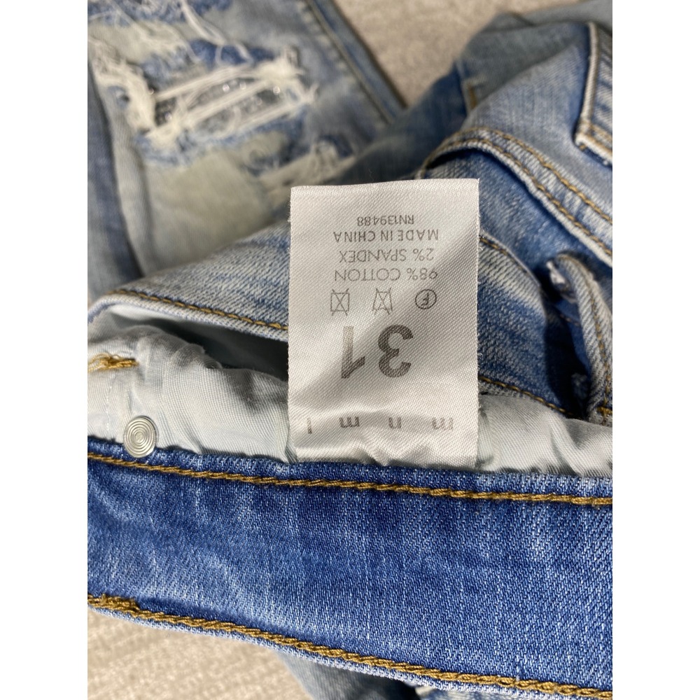MNML M14 Stretch Denim Jeans Men 31 Light Blue Distressed Rhinestone Backing - Picture 3 of 8